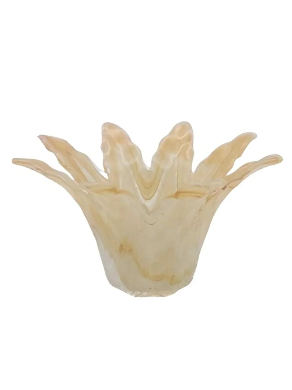 Palm Leaf Glass Candle Holder Vase Translucent Yellow Cream Swirl Vintage Art